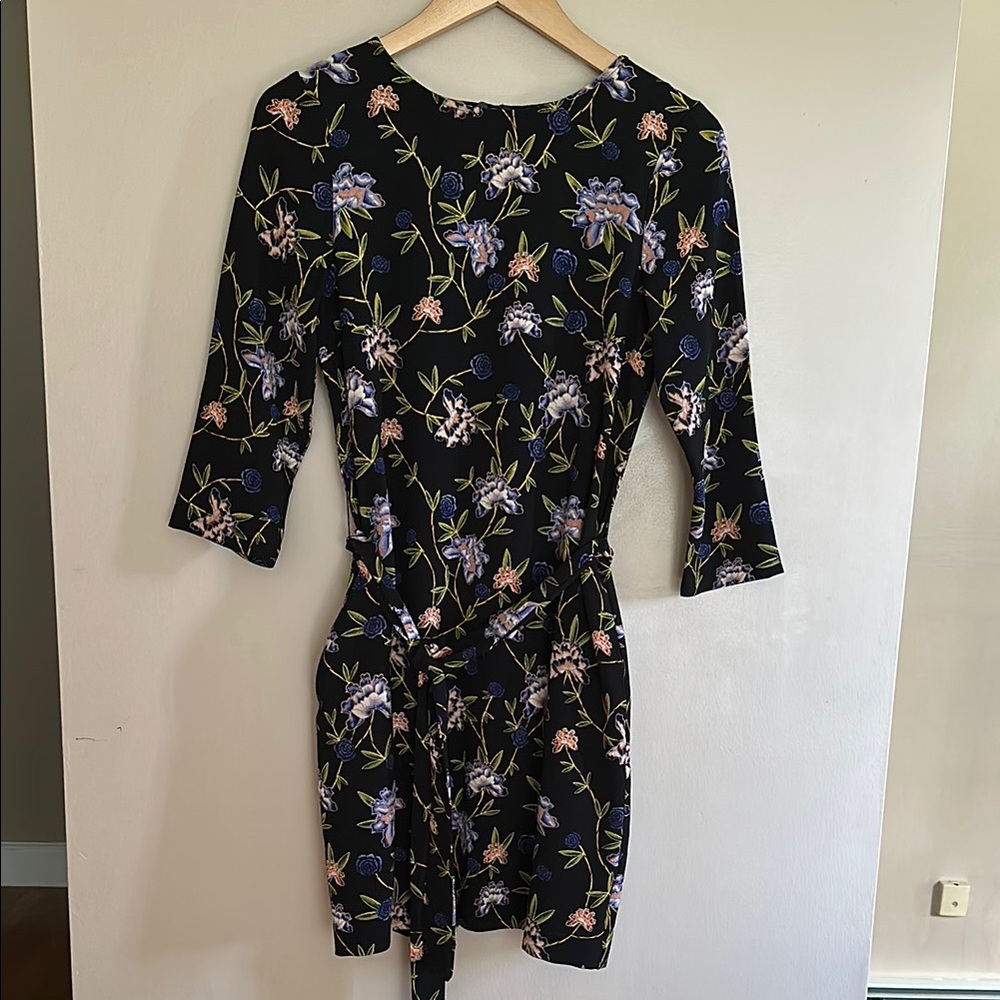H&M Black and Blue Tie Front Sheath Dress 3/4 Sleeve